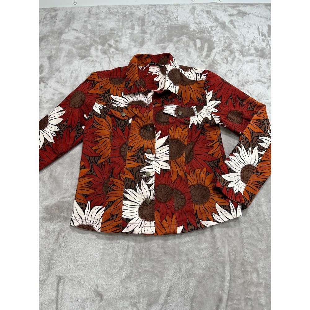 French Laundry Denim Jacket  Womens Size Medium Red Orange Floral Pockets EUC